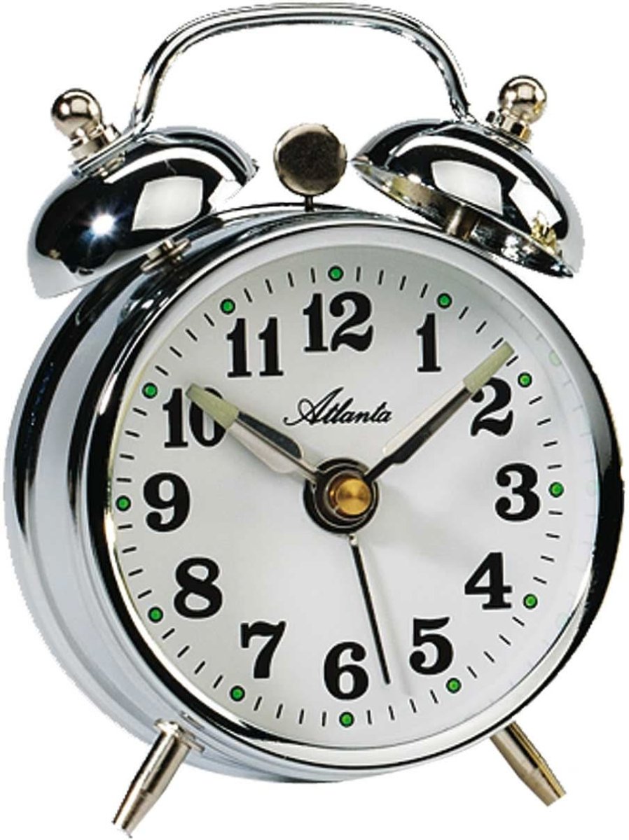 Atlanta Mechanischer Doppelglocken Wecker 10 cm hoch 7.5 cm breit Metall • Leuchtzeiger • Klassisches Design