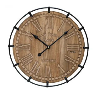 AMS Quarz W9616 Wanduhr • Gefrästes Holz-Zifferblatt • Metall-Frontreif