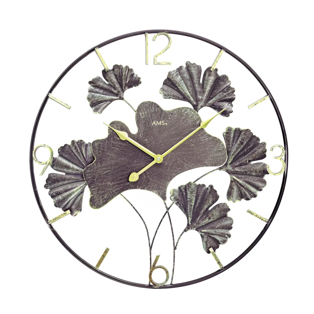 AMS W9704 Wanduhr • Metallgehäuse mit Ginkgo-Blatt-Design • Goldene Zahlen