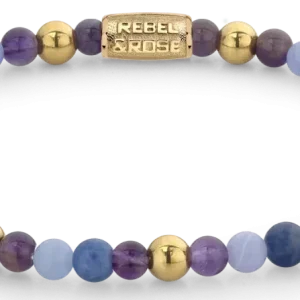 Armband aus Edelsteinen in Lila, Violett und Gold mit Edelstahlverschluss - Rebel&Rose Modell: RR-40064-G-M