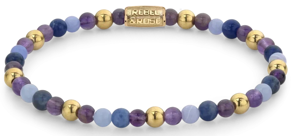 Armband aus Edelsteinen in Lila, Violett und Gold mit Edelstahlverschluss – Rebel&Rose Modell: RR-40064-G-M