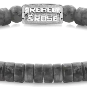 Armband aus 6mm grauen, scheibenförmigem Naturstein mit Edelstahlverschluss - Rebel&Rose Modell: RR-60094-S-M